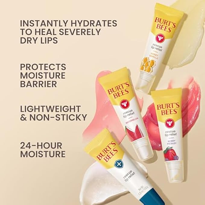 Burt's Bees STOCKING STUFFERS, RESCUE LIP RELIEF, HONEY VANILLA, HYDRATING LIP BALM FOR DRY CRACKED LIPS, WITH RESPONSBILY SOURCED BEESWAX AND SHEA BUTTER, 100% NATURAL ORIGIN, 1 SQUEEZY TUBE, 0.35OZ - Image 2